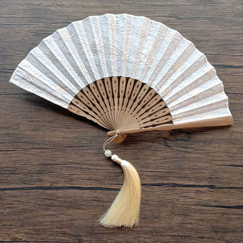 Nimara Ritual Solid Color Hollow Flowers Embroidery Cotton Fabric Handheld Bamboo Folding Fan
