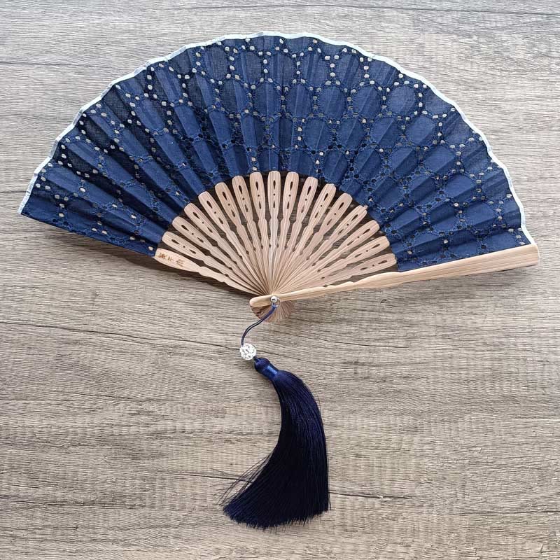 Nimara Ritual Solid Color Hollow Flowers Embroidery Cotton Fabric Handheld Bamboo Folding Fan