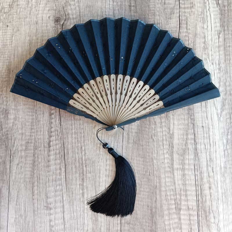 Nimara Ritual Solid Color Hollow Flowers Embroidery Cotton Fabric Handheld Bamboo Folding Fan