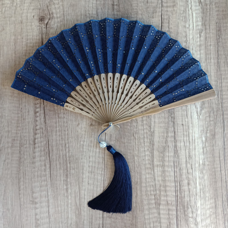 Nimara Ritual Solid Color Hollow Flowers Embroidery Cotton Fabric Handheld Bamboo Folding Fan