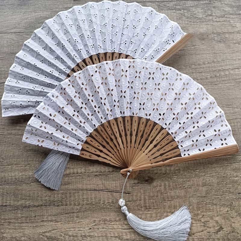 Nimara Ritual Solid Color Hollow Flowers Embroidery Cotton Fabric Handheld Bamboo Folding Fan