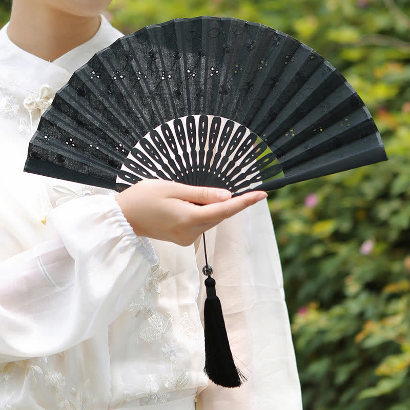 Nimara Ritual Solid Color Hollow Flowers Embroidery Cotton Fabric Handheld Bamboo Folding Fan
