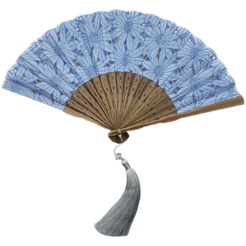 Nimara Ritual Solid Color Hollow Flowers Embroidery Cotton Fabric Handheld Bamboo Folding Fan