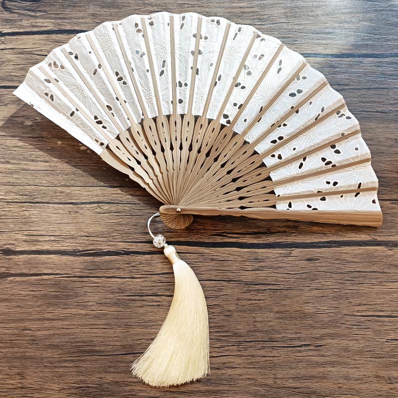 Nimara Ritual Solid Color Hollow Flowers Embroidery Cotton Fabric Handheld Bamboo Folding Fan