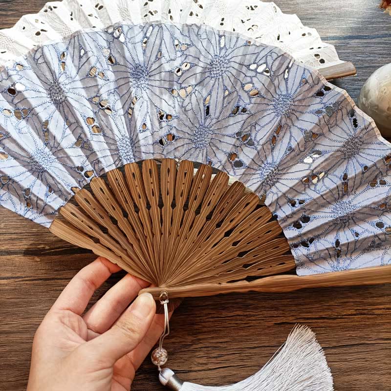 Nimara Ritual Solid Color Hollow Flowers Embroidery Cotton Fabric Handheld Bamboo Folding Fan
