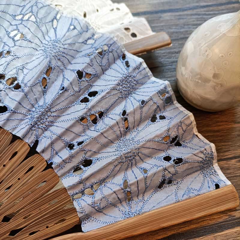 Nimara Ritual Solid Color Hollow Flowers Embroidery Cotton Fabric Handheld Bamboo Folding Fan