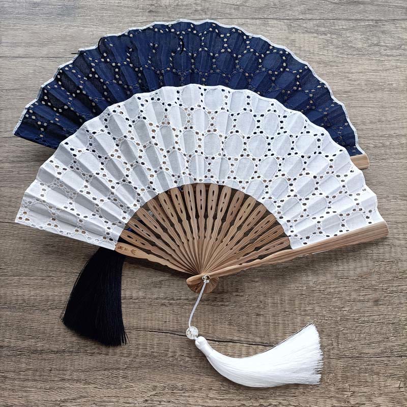 Nimara Ritual Solid Color Hollow Flowers Embroidery Cotton Fabric Handheld Bamboo Folding Fan