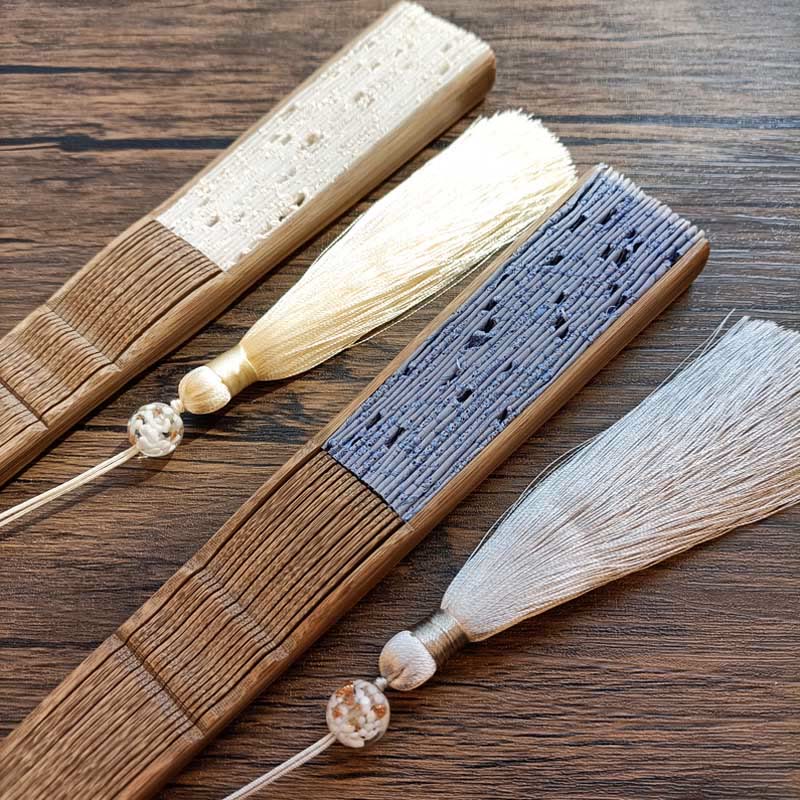 Nimara Ritual Solid Color Hollow Flowers Embroidery Cotton Fabric Handheld Bamboo Folding Fan