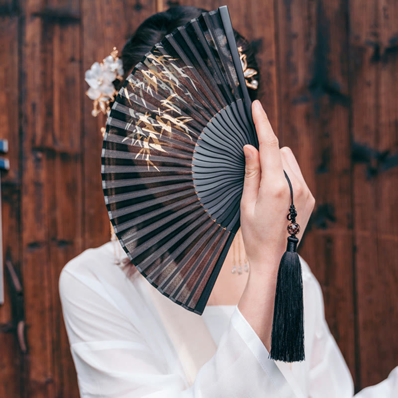 Nimara Ritual Black Bamboo Leaf Print Silk Handheld Bamboo Folding Fan