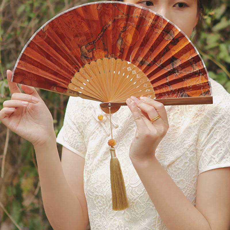 Nimara Ritual Flower Persimmon Bamboo Leaves Xiangyunsha Silk Handheld Bamboo Folding Fan
