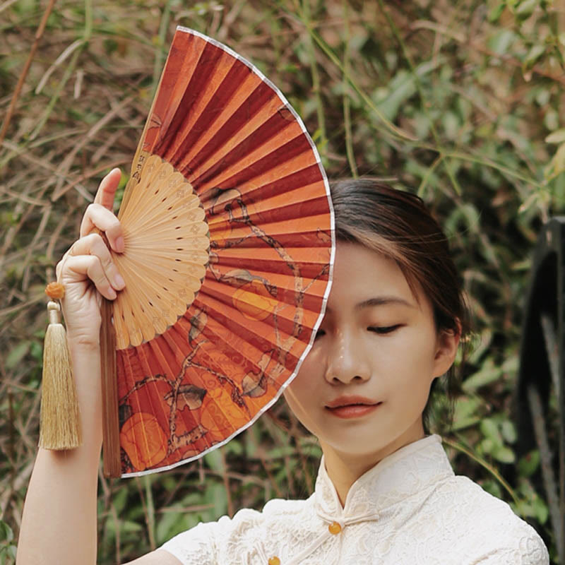 Nimara Ritual Flower Persimmon Bamboo Leaves Xiangyunsha Silk Handheld Bamboo Folding Fan