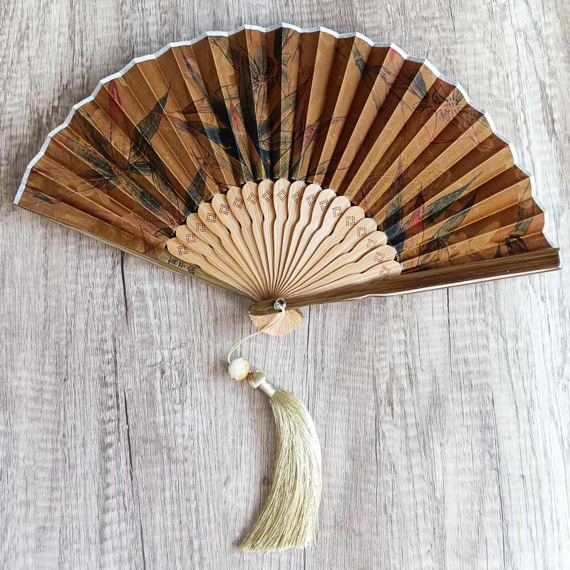Nimara Ritual Flower Persimmon Bamboo Leaves Xiangyunsha Silk Handheld Bamboo Folding Fan