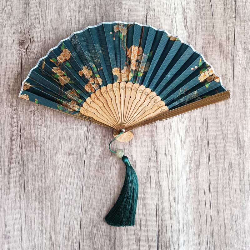Nimara Ritual Flower Persimmon Bamboo Leaves Xiangyunsha Silk Handheld Bamboo Folding Fan