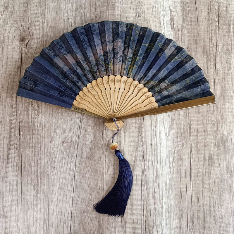 Nimara Ritual Flower Persimmon Bamboo Leaves Xiangyunsha Silk Handheld Bamboo Folding Fan