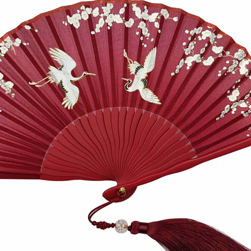 Nimara Ritual Crane Plum Blossom Handheld Silk Bamboo Folding Fan