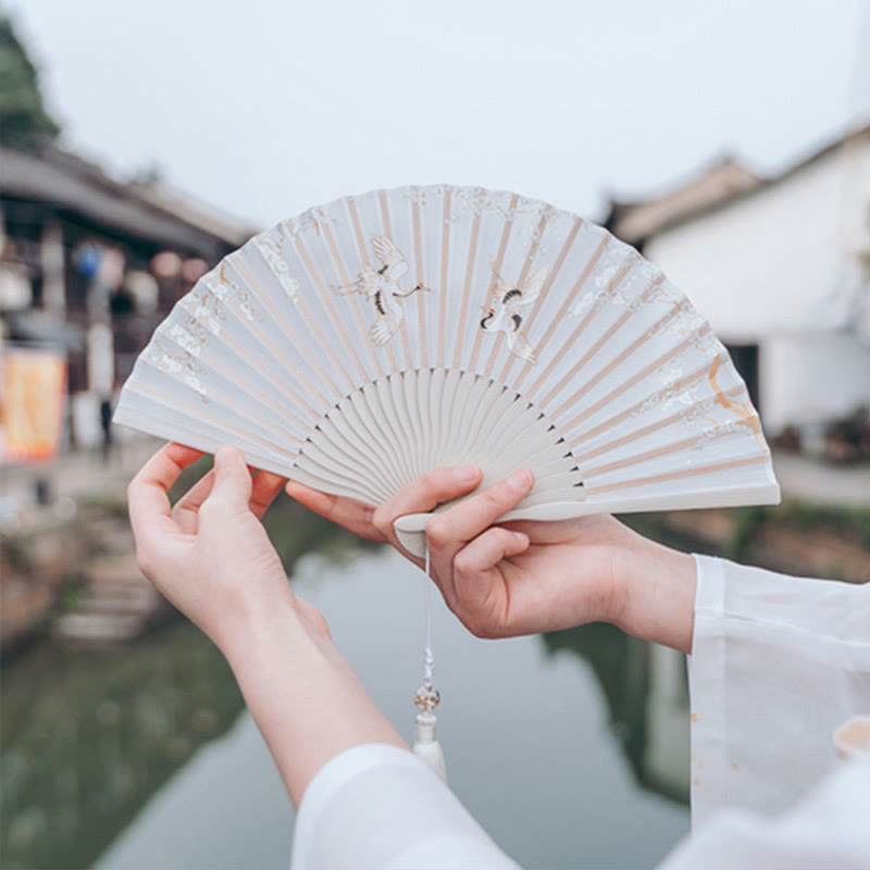 Nimara Ritual Crane Plum Blossom Handheld Silk Bamboo Folding Fan