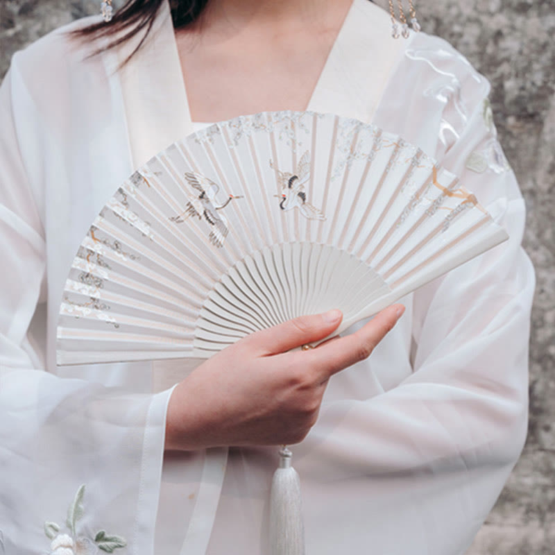 Nimara Ritual Crane Plum Blossom Handheld Silk Bamboo Folding Fan