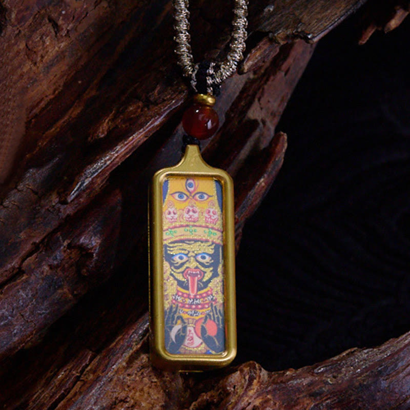 Nimara Ritual Tibet Zakiram Yellow God of Wealth Nine Tailed Fox Hand-Painted Thangka Calm Necklace Pendant