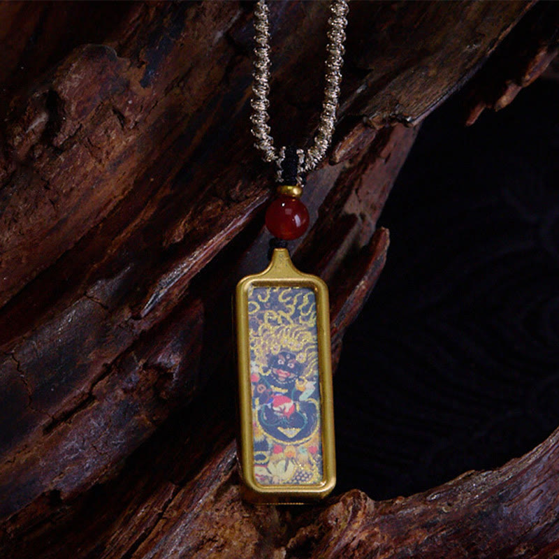 Nimara Ritual Tibet Zakiram Yellow God of Wealth Nine Tailed Fox Hand-Painted Thangka Calm Necklace Pendant