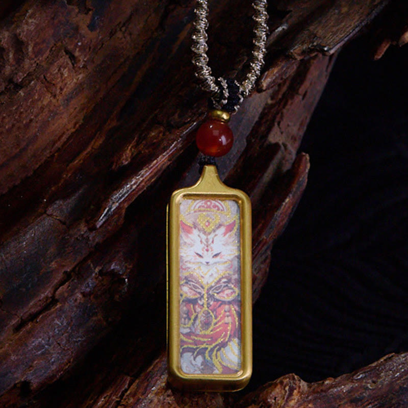 Nimara Ritual Tibet Zakiram Yellow God of Wealth Nine Tailed Fox Hand-Painted Thangka Calm Necklace Pendant