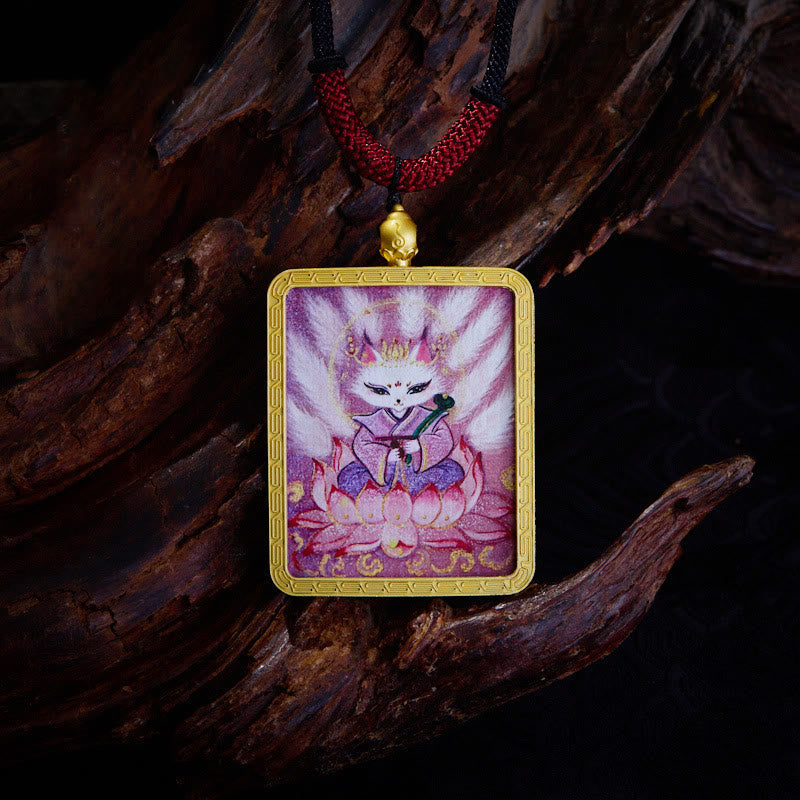 Nimara Ritual Tibetan Zakiram Nine Tailed Fox Yellow God of Wealth Painted Thangka Hope Necklace Pendant