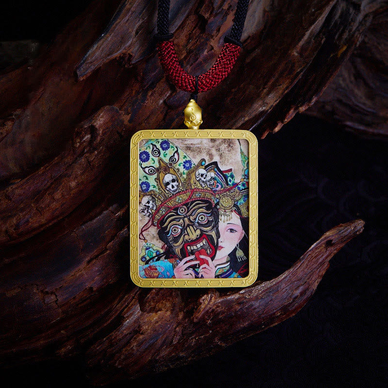 Nimara Ritual Tibetan Zakiram Nine Tailed Fox Yellow God of Wealth Painted Thangka Hope Necklace Pendant