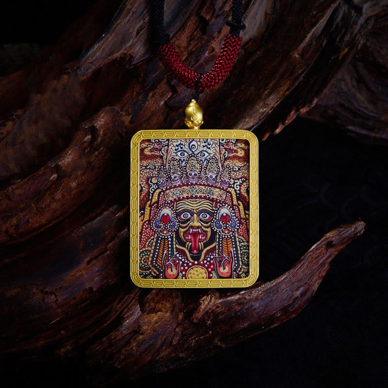 Nimara Ritual Tibetan Zakiram Nine Tailed Fox Yellow God of Wealth Painted Thangka Hope Necklace Pendant