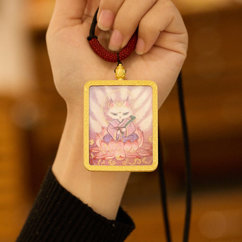 Nimara Ritual Tibetan Zakiram Nine Tailed Fox Yellow God of Wealth Painted Thangka Hope Necklace Pendant