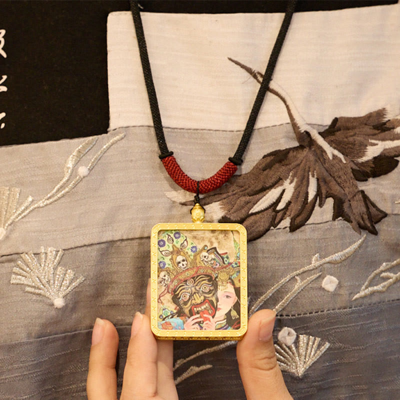Nimara Ritual Tibetan Zakiram Nine Tailed Fox Yellow God of Wealth Painted Thangka Hope Necklace Pendant
