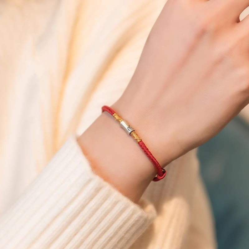 Nimara Ritual Handmade 925 Sterling Silver Bamboo Design Red String Luck Braided Bracelet