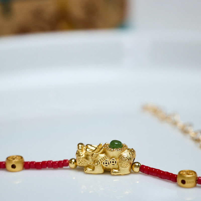 Nimara Ritual 925 Sterling Silver Plated 24k Gold Liuli Glass Bead PiXiu Four Leaf Clover Joy And Happiness Wealth Bracelet