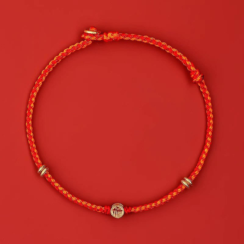 Nimara Ritual Handmade Braided Red String 925 Sterling Silver Fu Character Luck Bracelet