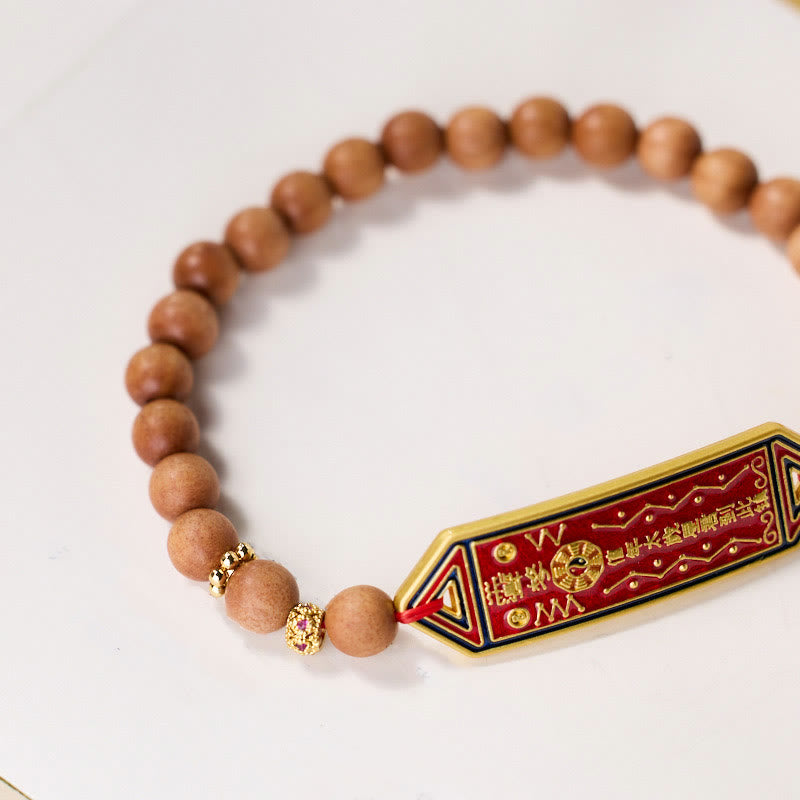 Nimara Ritual Sandalwood Wood Bead Gold Plated Copper Bagua Yin Yang Chinese Character Harmony Bracelet