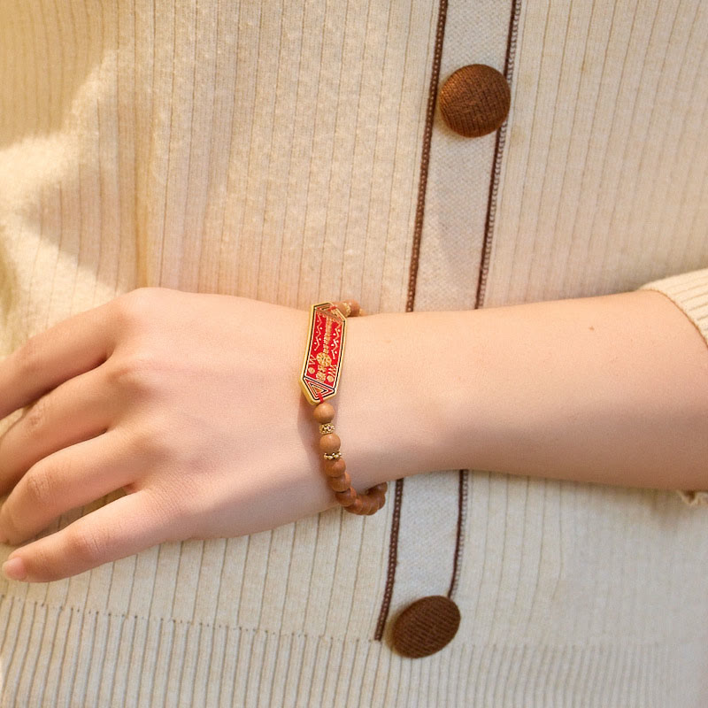 Nimara Ritual Sandalwood Wood Bead Gold Plated Copper Bagua Yin Yang Chinese Character Harmony Bracelet