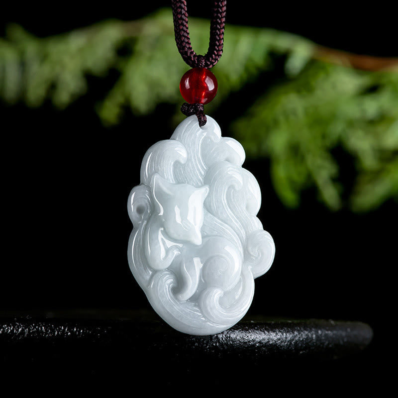 Nimara Ritual Natural Jade Nine Tailed Fox Luck Necklace Pendant