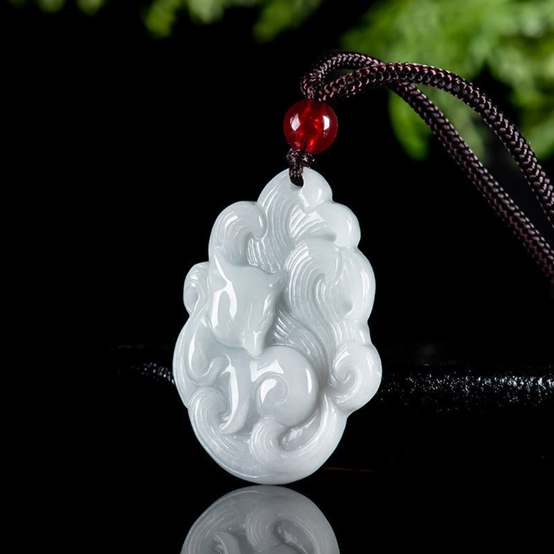 Nimara Ritual Natural Jade Nine Tailed Fox Luck Necklace Pendant