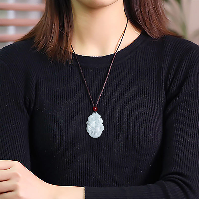 Nimara Ritual Natural Jade Nine Tailed Fox Luck Necklace Pendant