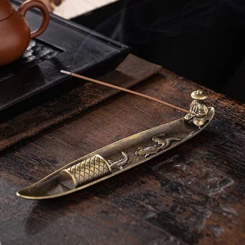 Nimara Ritual Fisherman Boat Koi Fish Zinc Alloy Incense Stick Holder Healing Incense Burner Decoration