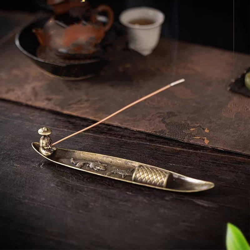 Nimara Ritual Fisherman Boat Koi Fish Zinc Alloy Incense Stick Holder Healing Incense Burner Decoration