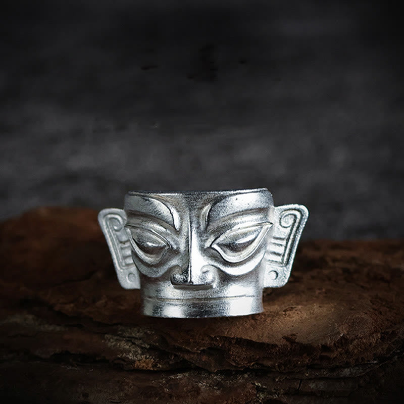 Nimara Ritual 999 Sterling Silver Hand Casting Sanxingdui Mask Protection Ring