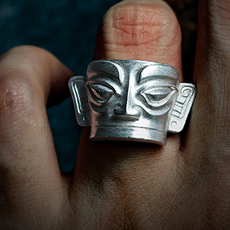 Nimara Ritual 999 Sterling Silver Hand Casting Sanxingdui Mask Protection Ring