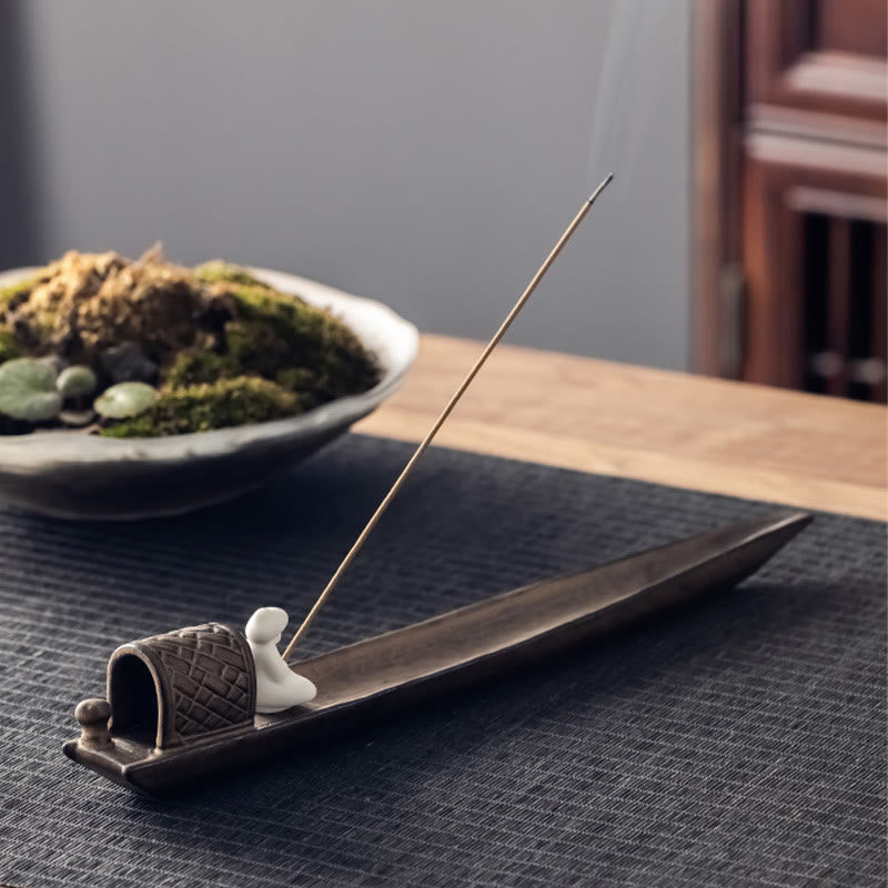 Nimara Ritual Fisherman Zen Healing Brown Ceramic Stick Incense Burner Decoration