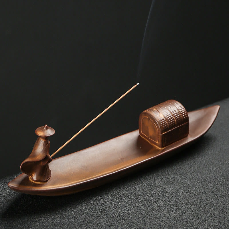 Nimara Ritual Fisherman Fishing Boat Bamboo Buddha Hand Lotus Spiritual Healing Ceramic Stick Incense Burner Decoration