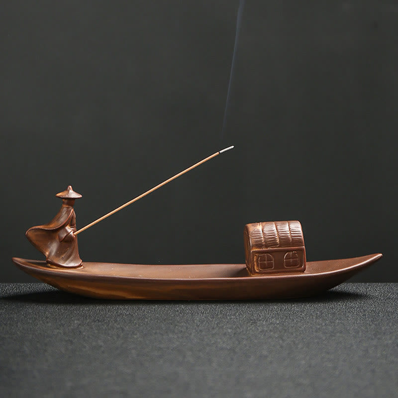 Nimara Ritual Fisherman Fishing Boat Bamboo Buddha Hand Lotus Spiritual Healing Ceramic Stick Incense Burner Decoration