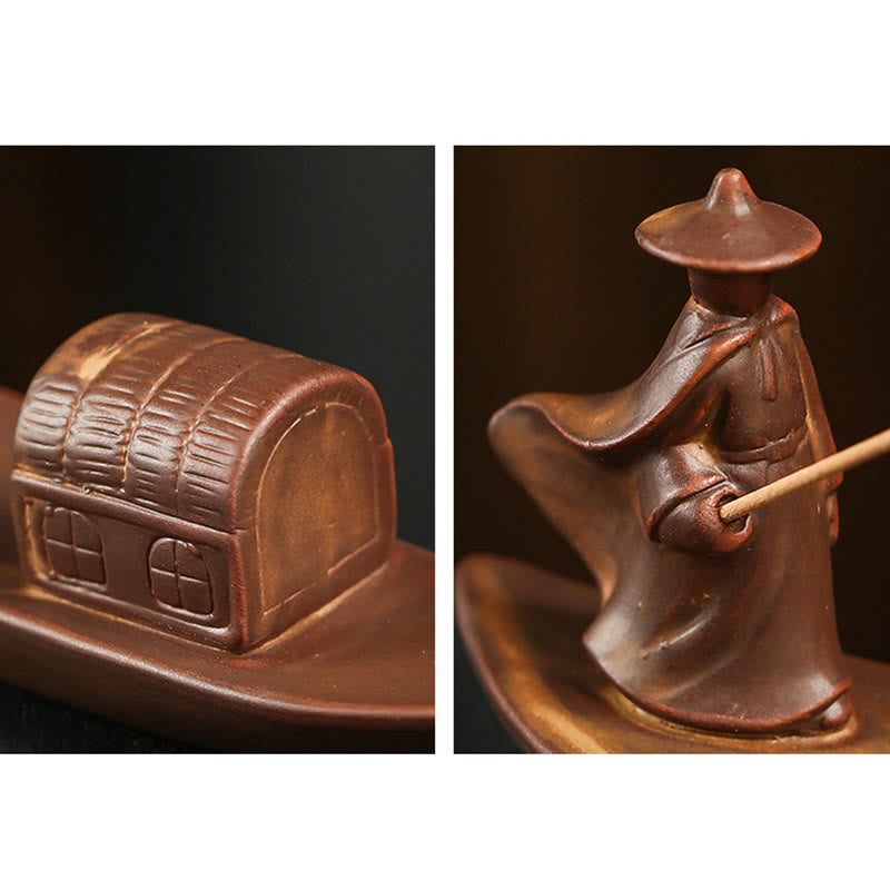 Nimara Ritual Fisherman Fishing Boat Bamboo Buddha Hand Lotus Spiritual Healing Ceramic Stick Incense Burner Decoration