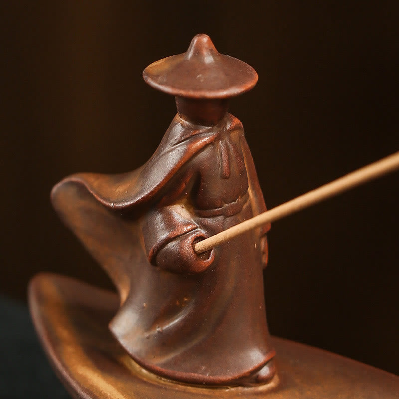 Nimara Ritual Fisherman Fishing Boat Bamboo Buddha Hand Lotus Spiritual Healing Ceramic Stick Incense Burner Decoration
