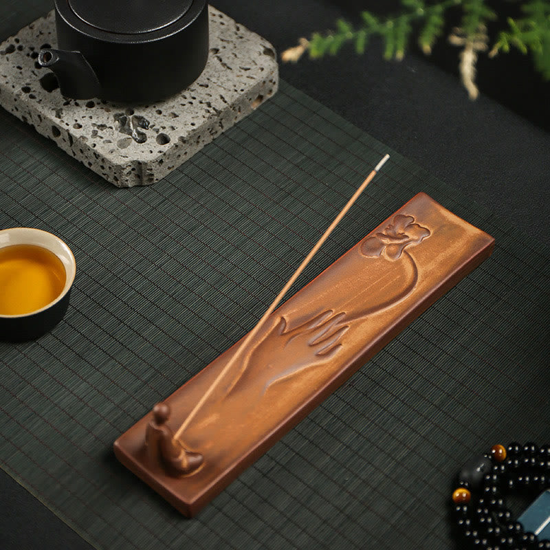 Nimara Ritual Fisherman Fishing Boat Bamboo Buddha Hand Lotus Spiritual Healing Ceramic Stick Incense Burner Decoration