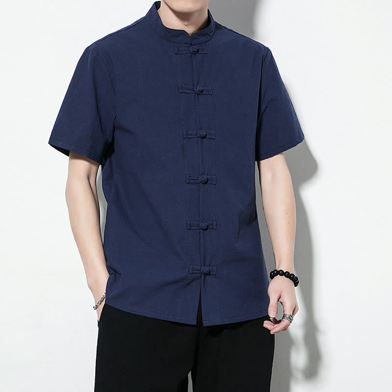 Nimara Ritual Casual Solid Color Front Frog Buttons Chinese Tang Suit Short Sleeve Linen Men's Shirt