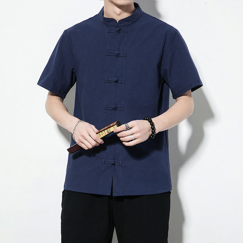 Nimara Ritual Casual Solid Color Front Frog Buttons Chinese Tang Suit Short Sleeve Linen Men's Shirt