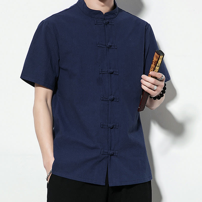 Nimara Ritual Casual Solid Color Front Frog Buttons Chinese Tang Suit Short Sleeve Linen Men's Shirt